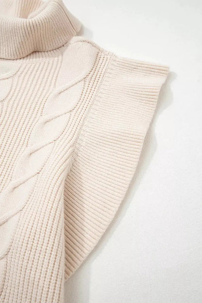 Cable Knit Turtleneck Ruffled Short Sleeve Sweater by Trendsi