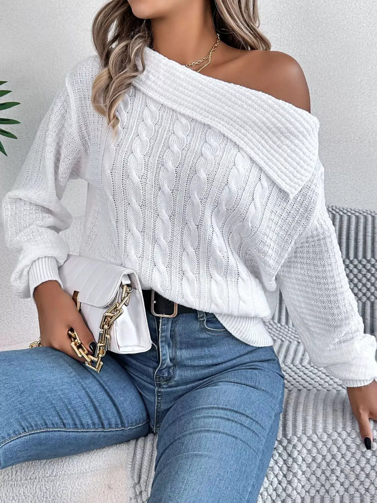 One Shoulder Cable Knit Sweater by Trendsi