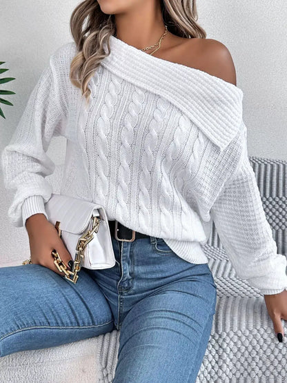 One Shoulder Cable Knit Sweater by Trendsi