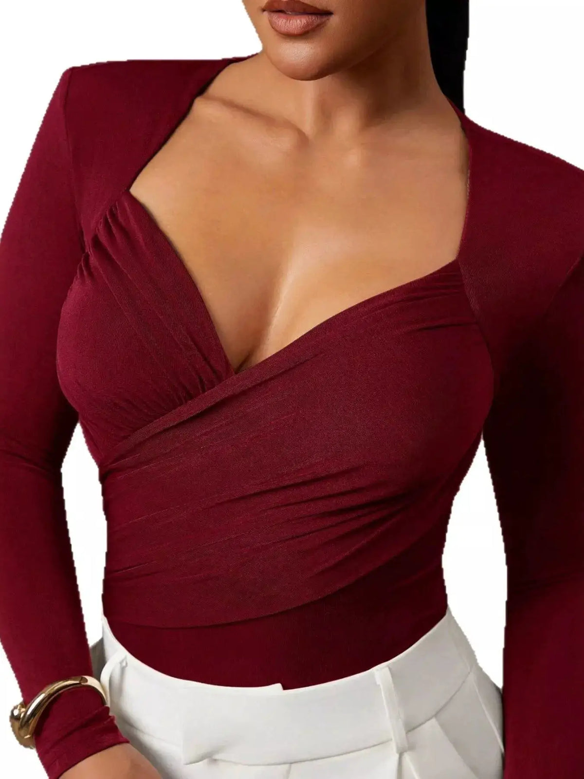 Ruched Surplice Long Sleeve Bodysuit by Trendsi