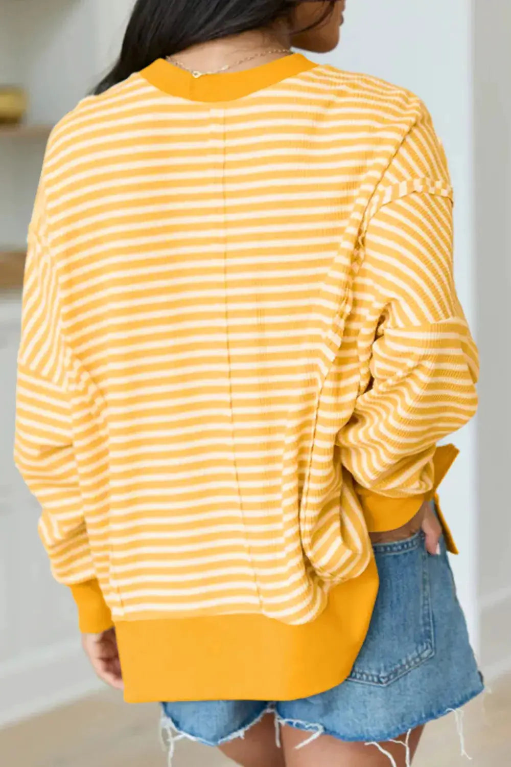 Stripe Halloween Pumpkin Face Waffle Knit Pullover Loose Top with Slits by Trendsi