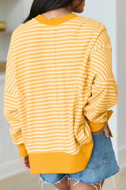 Stripe Halloween Pumpkin Face Waffle Knit Pullover Loose Top with Slits by Trendsi