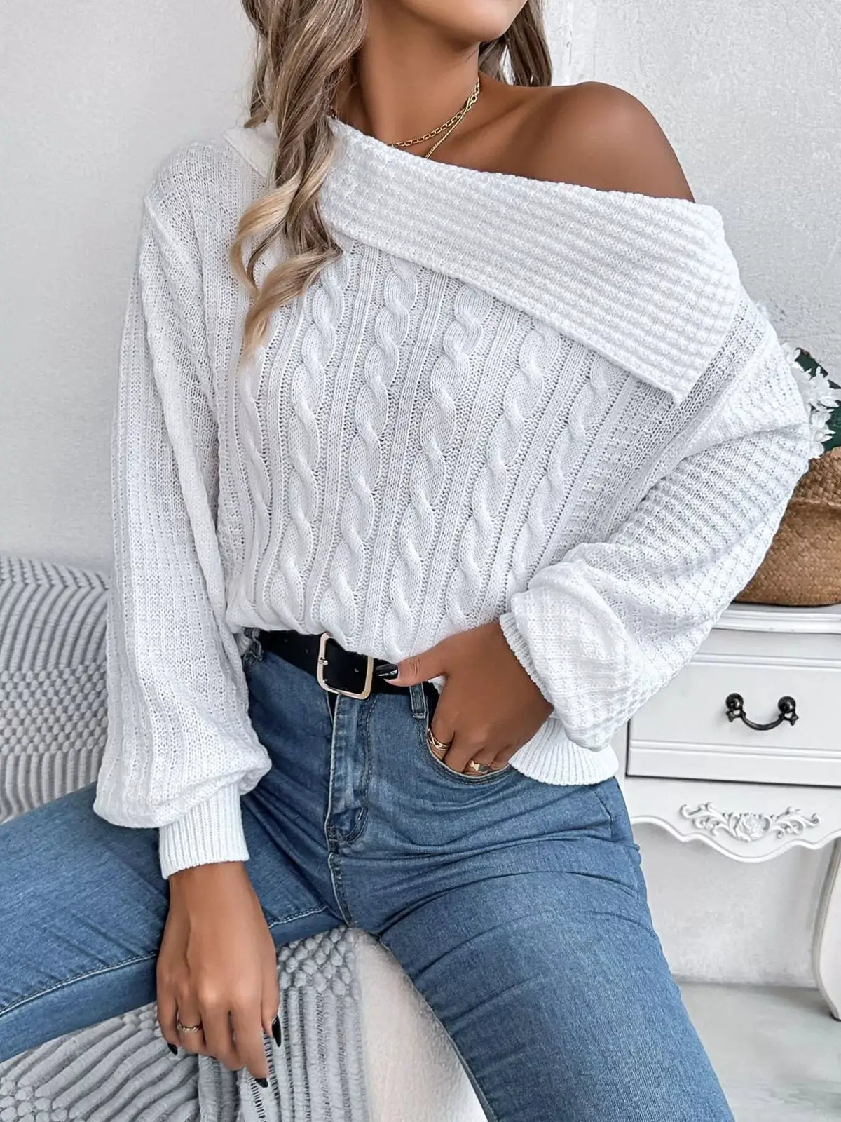 One Shoulder Cable Knit Sweater by Trendsi