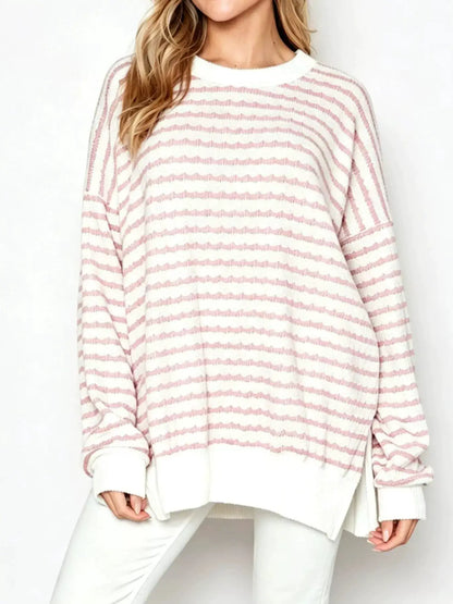 Oversized Striped Crew Neck Sweatshirt by Trendsi