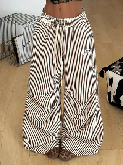 High-Waisted Striped Wide-Leg Cargo Pants with Drawstring by Trendsi