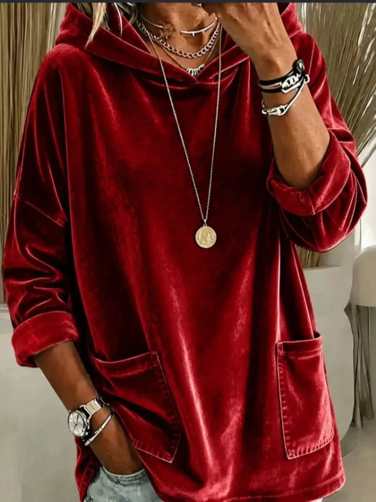Velvet Front Pockets Hoodie by Trendsi