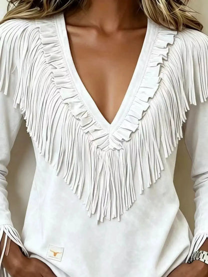 Fringed V-Neck Blouse by Trendsi