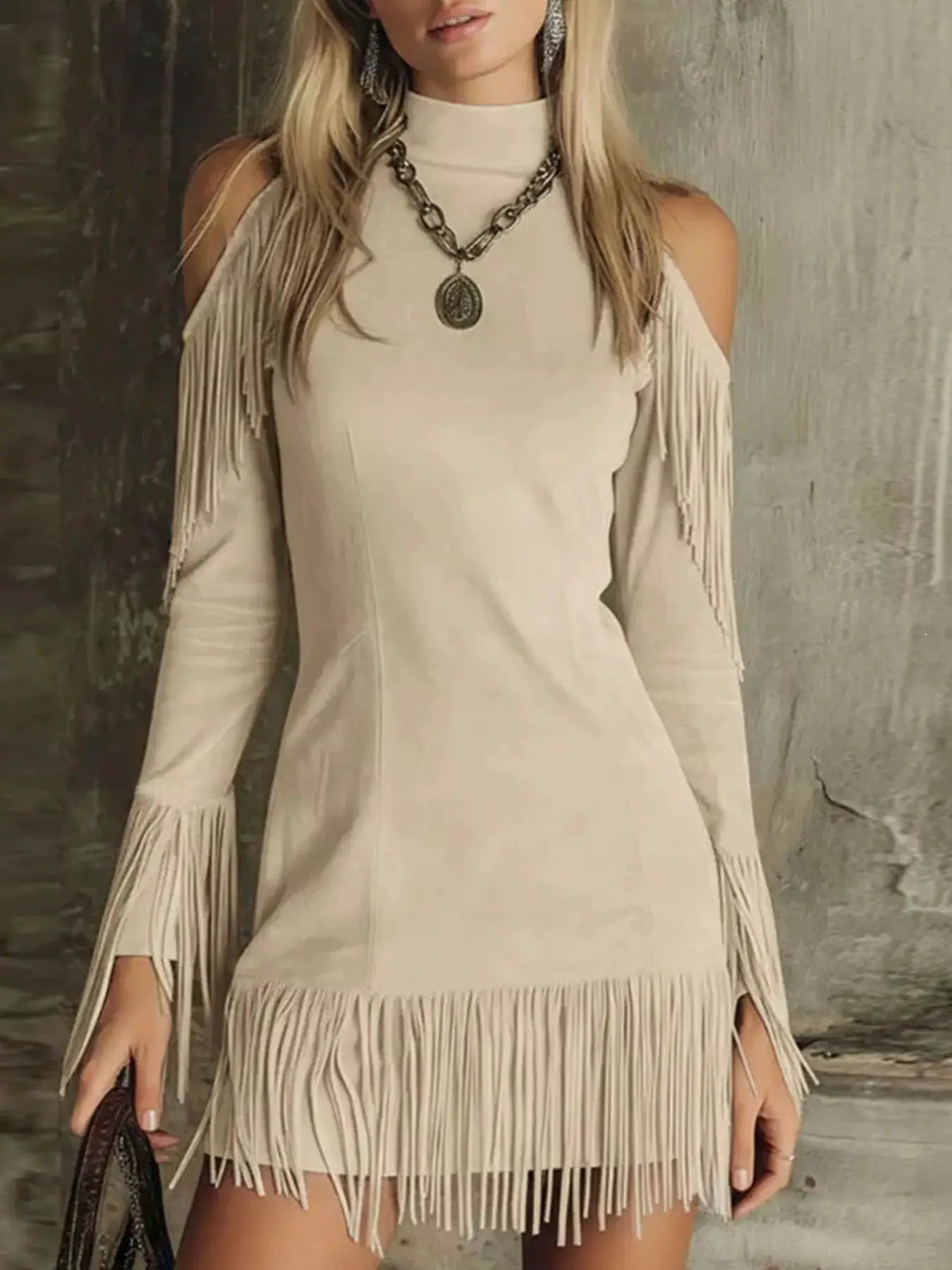 Fringed Cold Shoulder Mini Dress by Trendsi
