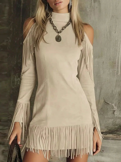 Fringed Cold Shoulder Mini Dress by Trendsi