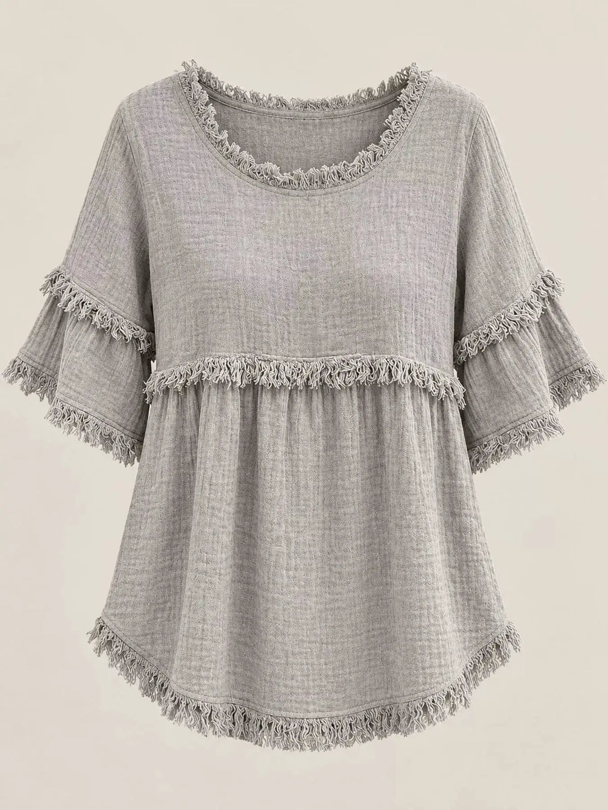 Full Size Frayed Edge Textured Blouse Plus Size by Trendsi