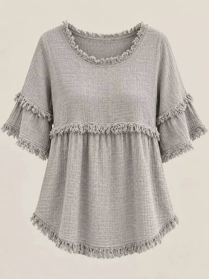 Full Size Frayed Edge Textured Blouse Plus Size by Trendsi