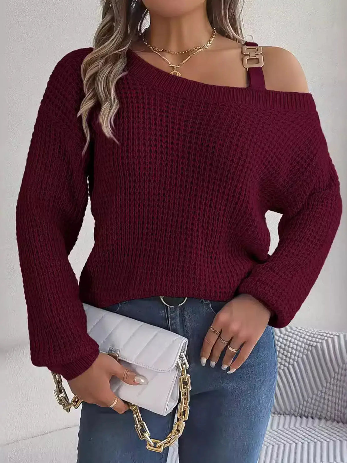 Asymmetrical Neck Long Sleeve Sweater by Trendsi