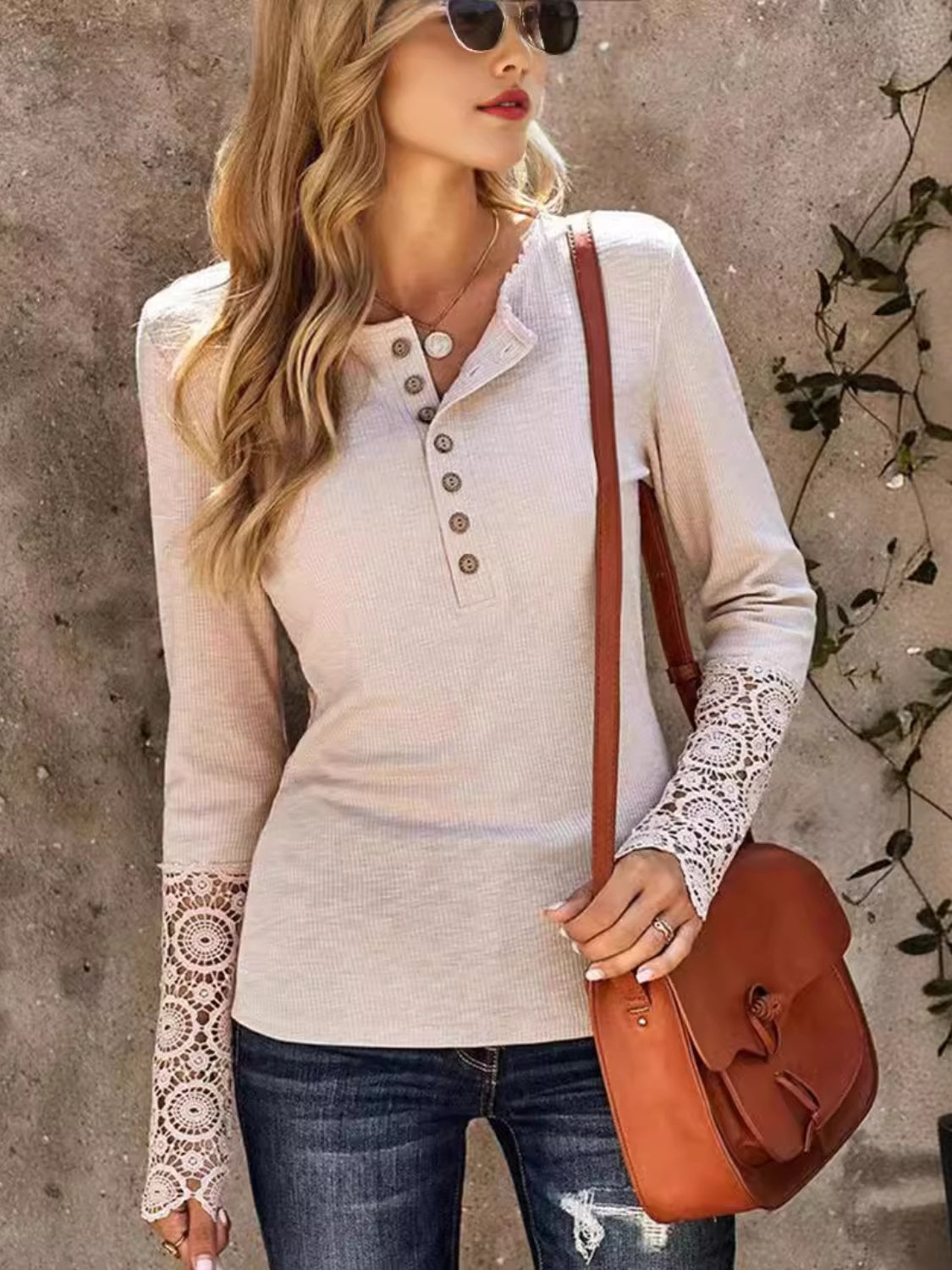 Lace Detail Half Button Round Neck Long Sleeve T-Shirt