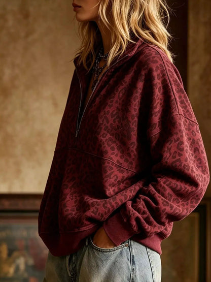 Leopard Half Zip Oversized Sweatshirt by Trendsi