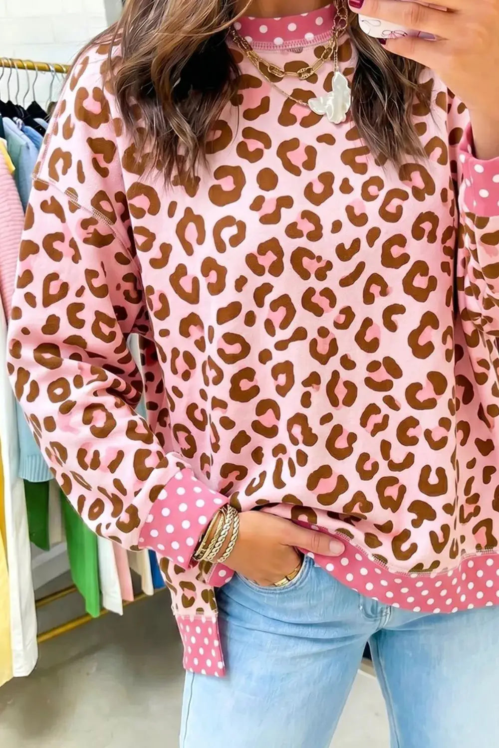 Polka Dot Contrast Trim Leopard Round Neck Sweatshirt by Trendsi