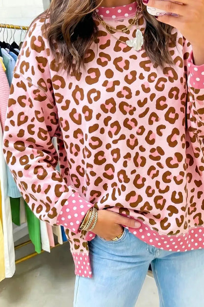 Polka Dot Contrast Trim Leopard Round Neck Sweatshirt by Trendsi