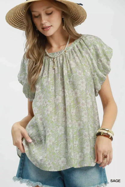 Umgee Floral Puff Sleeve Blouse by Trendsi
