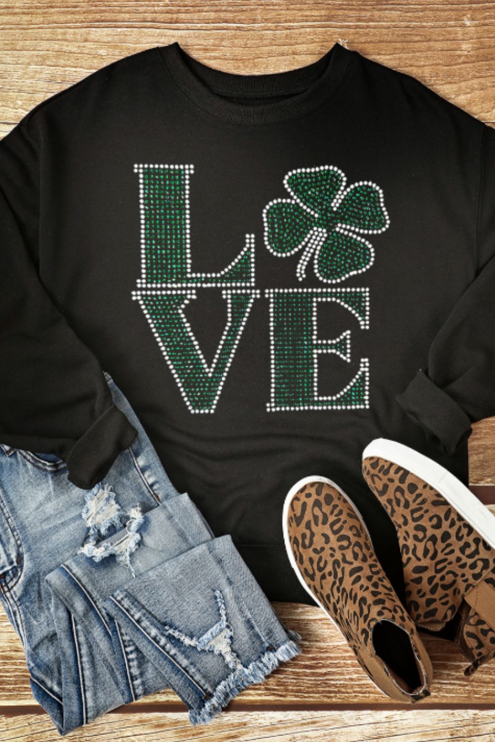 LOVE Rhinestone Clover Round Neck Sweatshirt