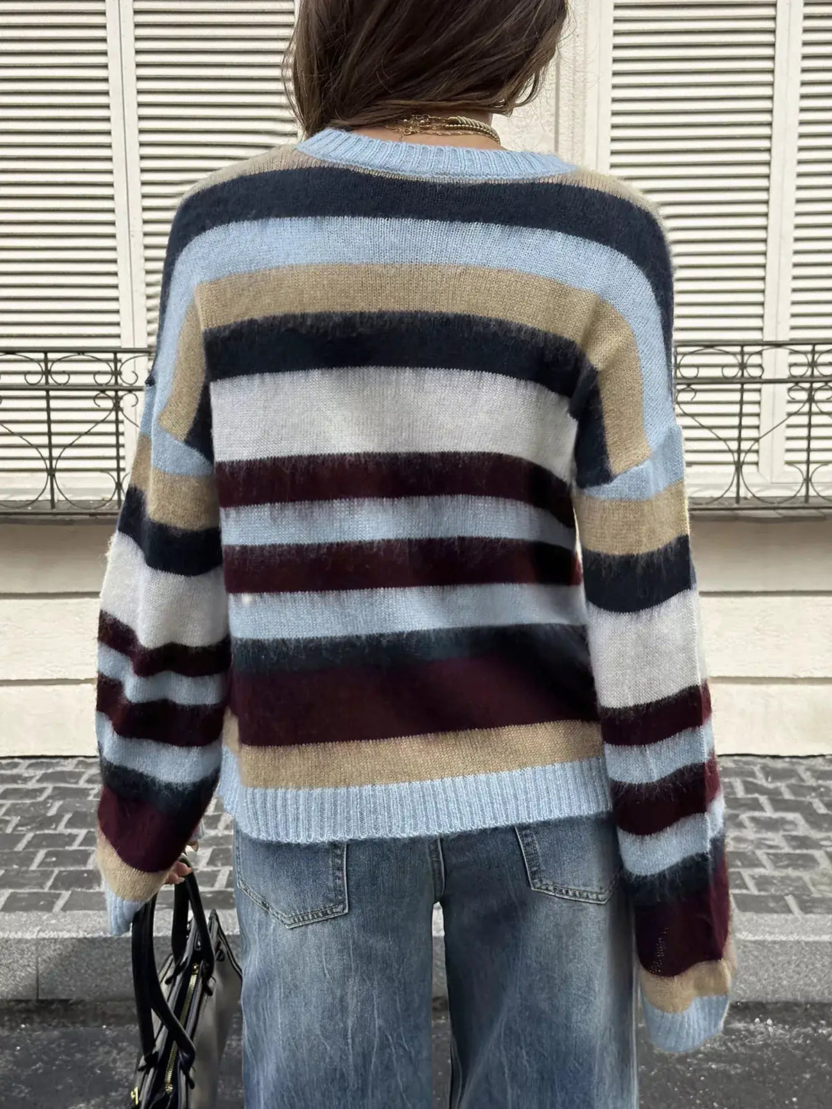 Multi-Color Striped Fuzzy Sweater by Trendsi