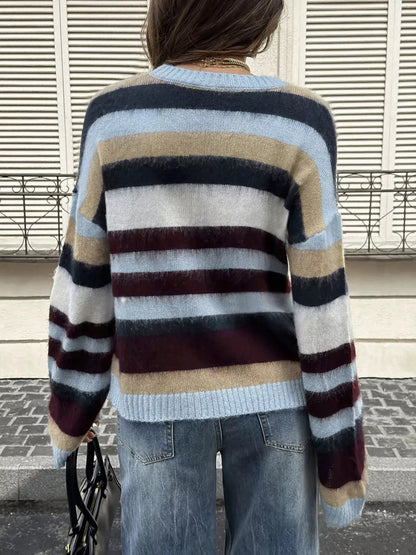 Multi-Color Striped Fuzzy Sweater by Trendsi