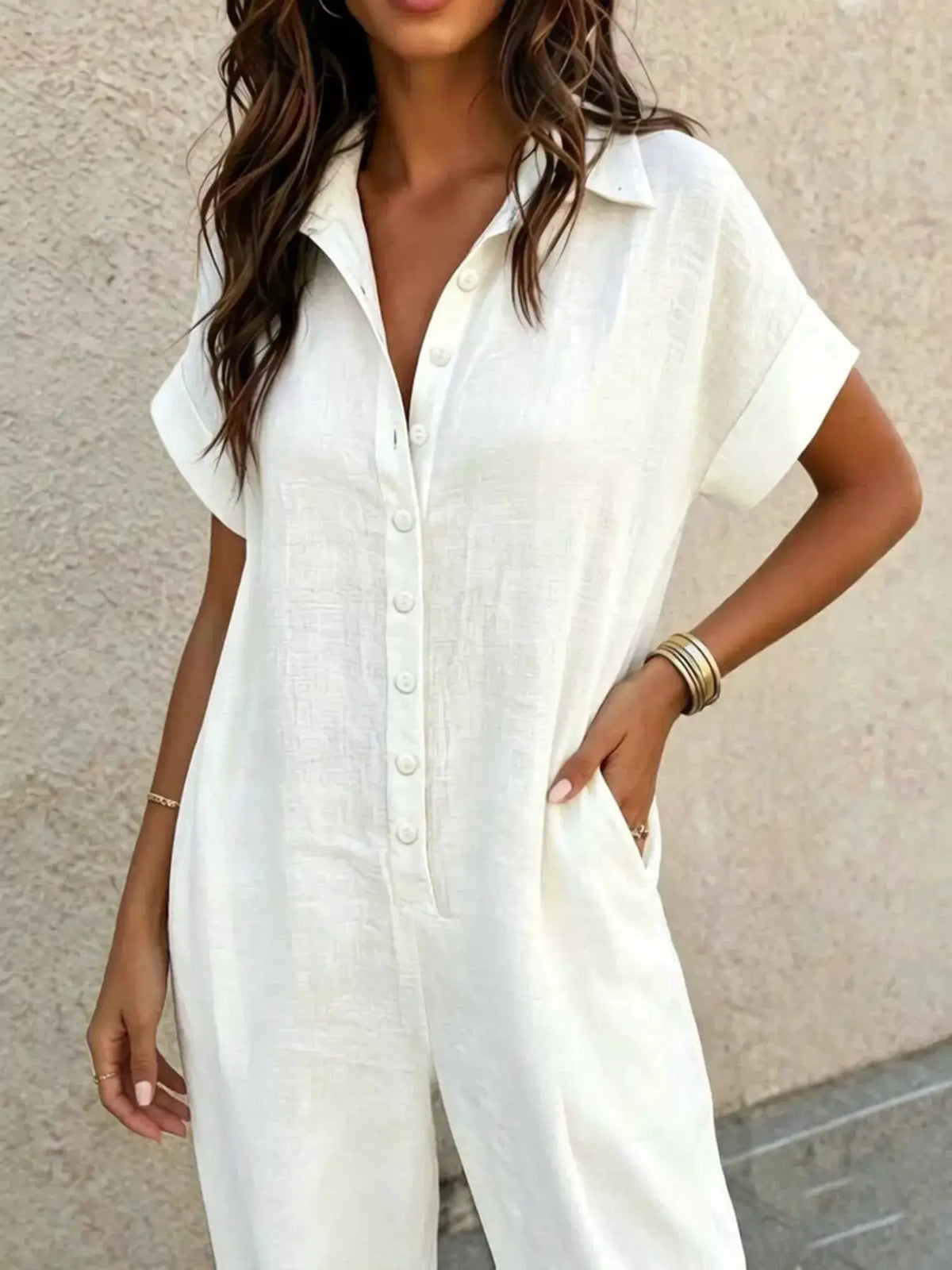 Button Front Short Sleeve Jumpsuit by Trendsi
