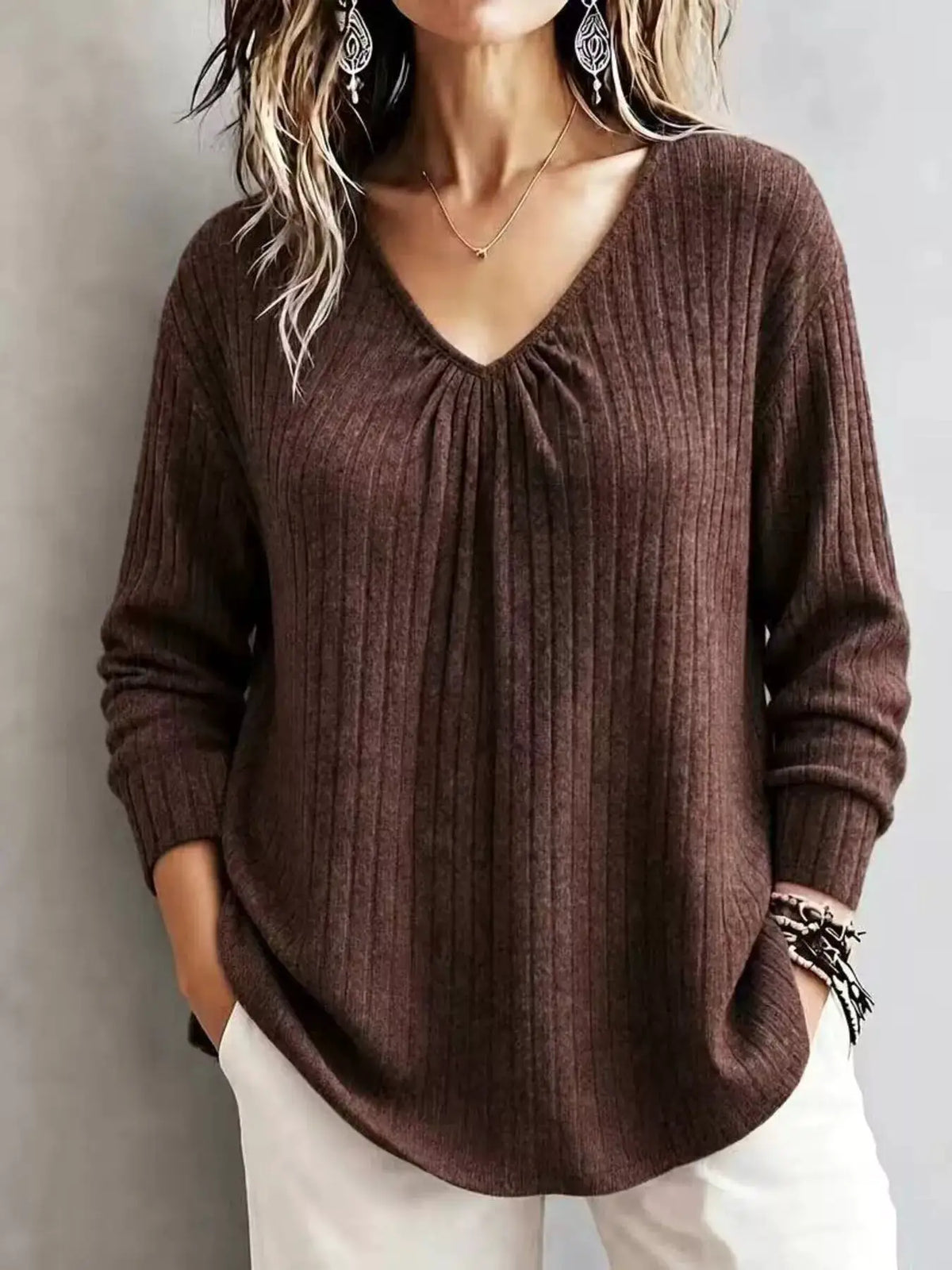 V-Neck Ribbed Long Sleeve T-Shirt by Trendsi