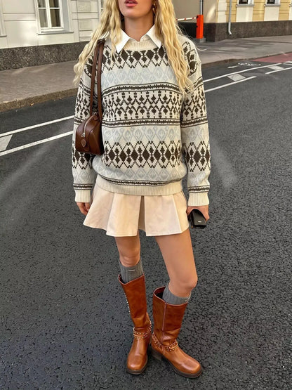 Fair Isle Pattern Crew Neck Sweater by Trendsi