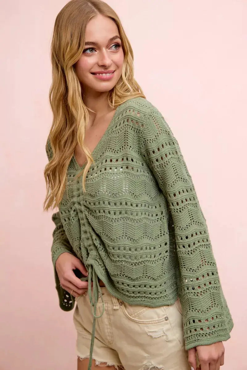 BiBi Pointelle Knit V Neck Ruched Front Lightweight Top by Trendsi