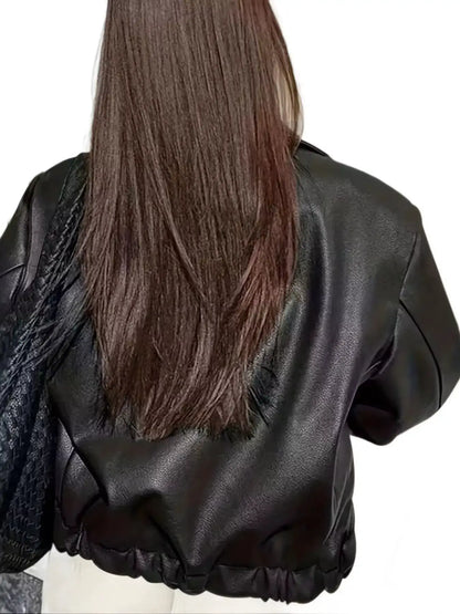 Oversized Faux Leather Zip Up Moto Jacket by Trendsi
