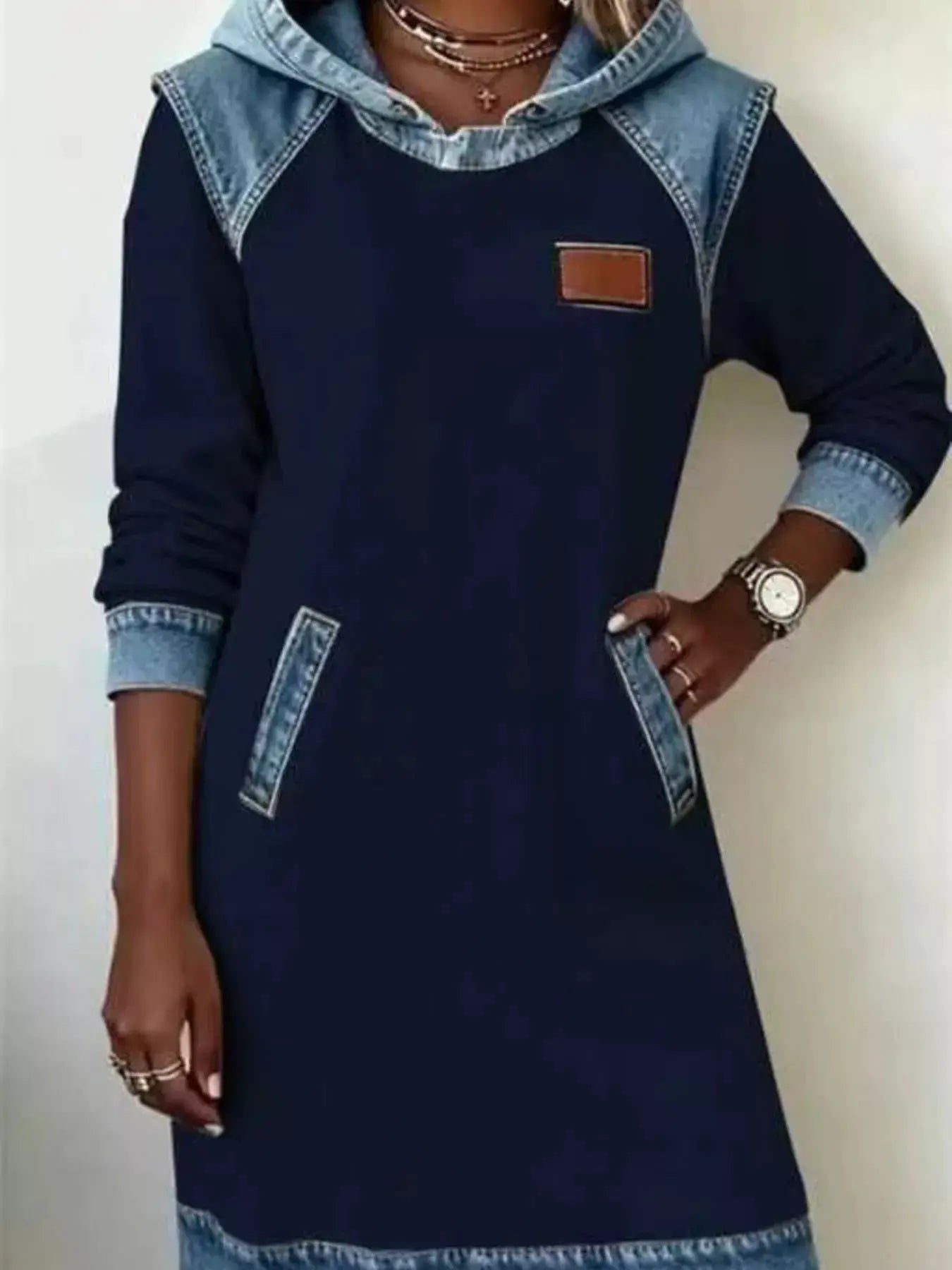 Full Size Denim Patchwork Hooded Sweatshirt Dress Plus Size by Trendsi