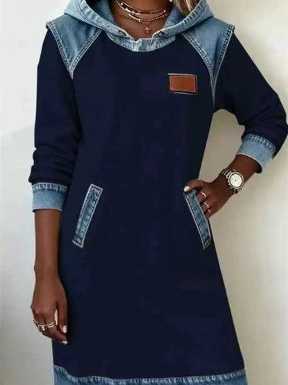 Full Size Denim Patchwork Hooded Sweatshirt Dress Plus Size by Trendsi