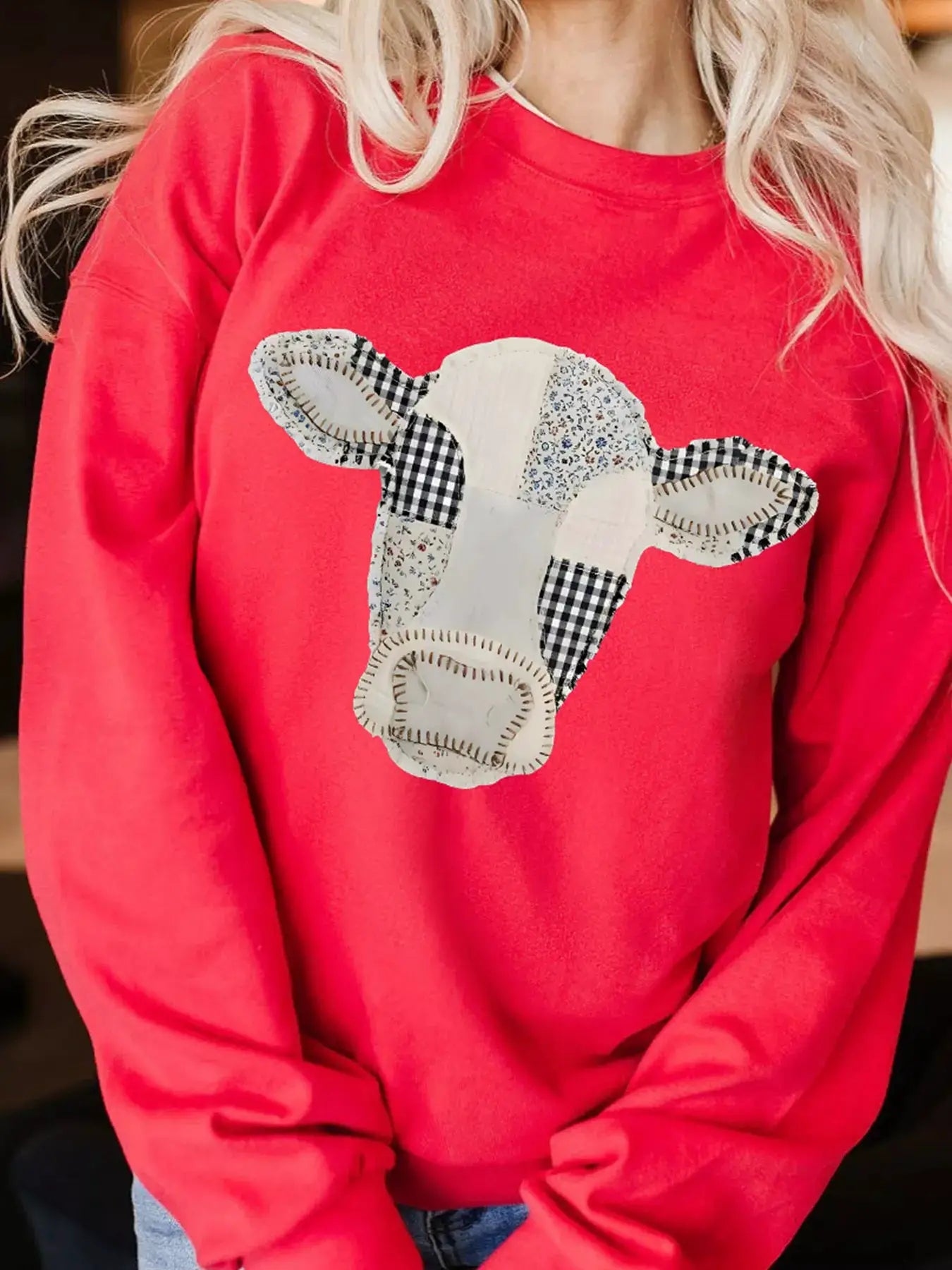 Western Patchwork Cow Drop Shoulder Sweatshirt by Trendsi