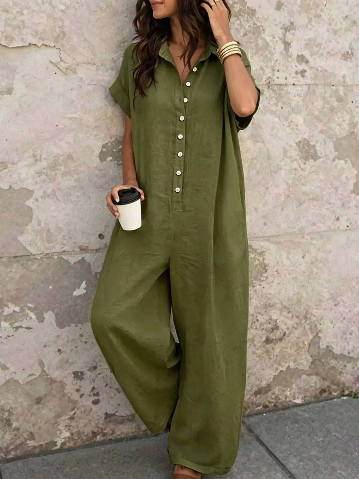 Button Front Short Sleeve Jumpsuit by Trendsi