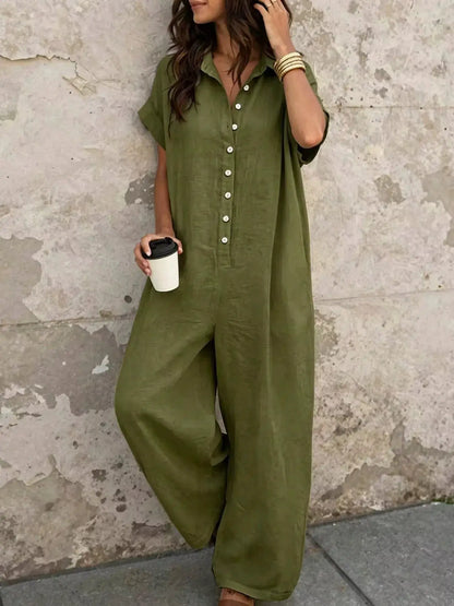 Button Front Short Sleeve Jumpsuit by Trendsi