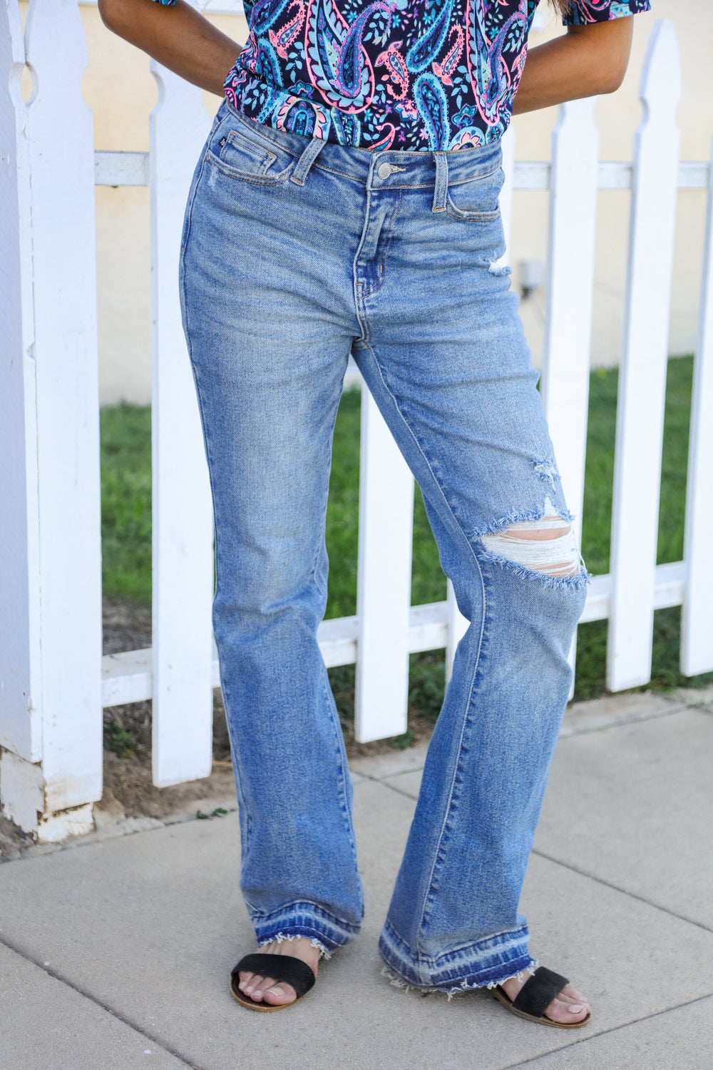 Judy Blue Medium Wash Mid Rise Release Hem Distressed Bootcut Jeans