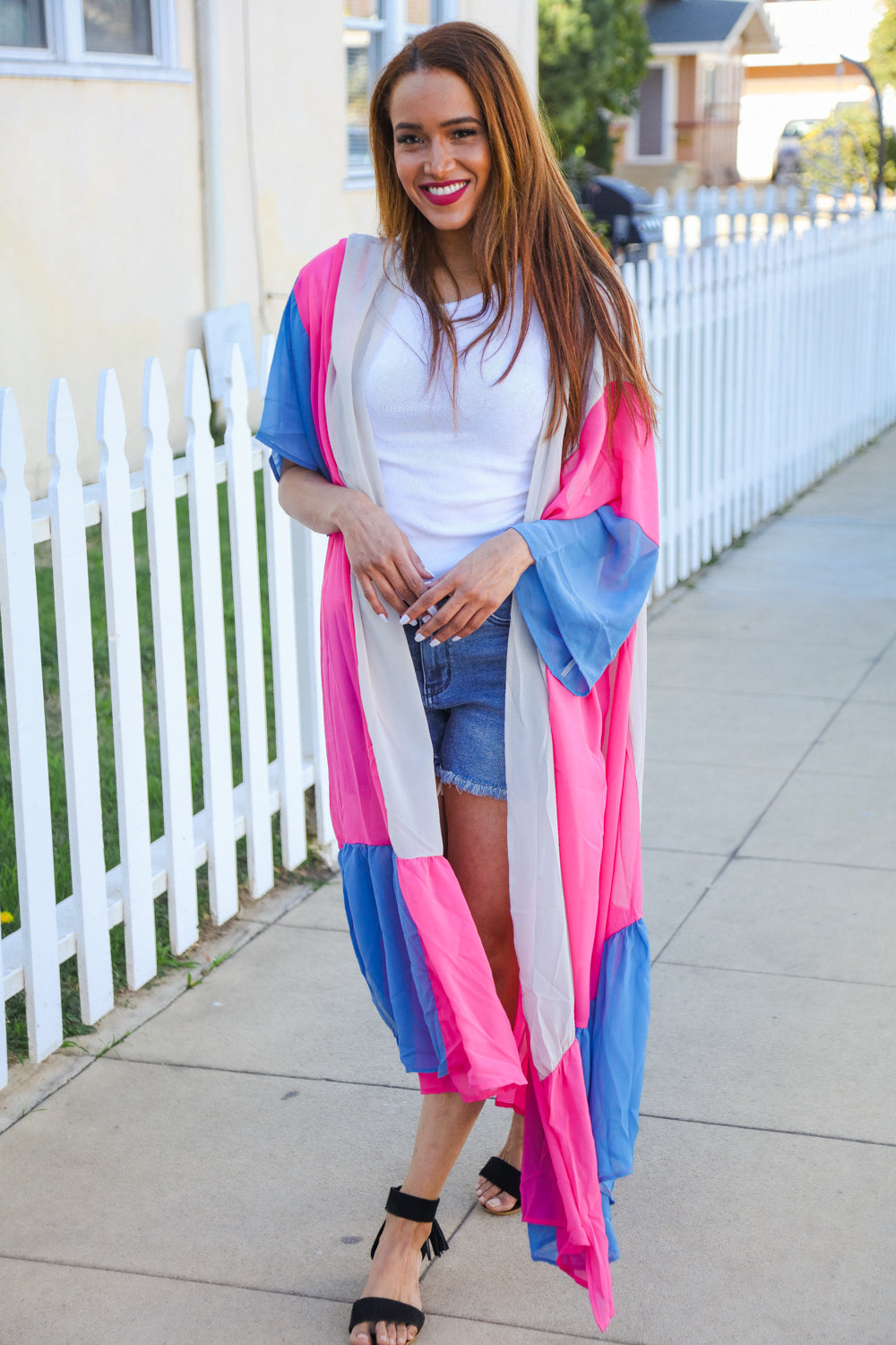 Feel Your Best Taupe & Fuchsia Color Block Ruffle Hem Kimono