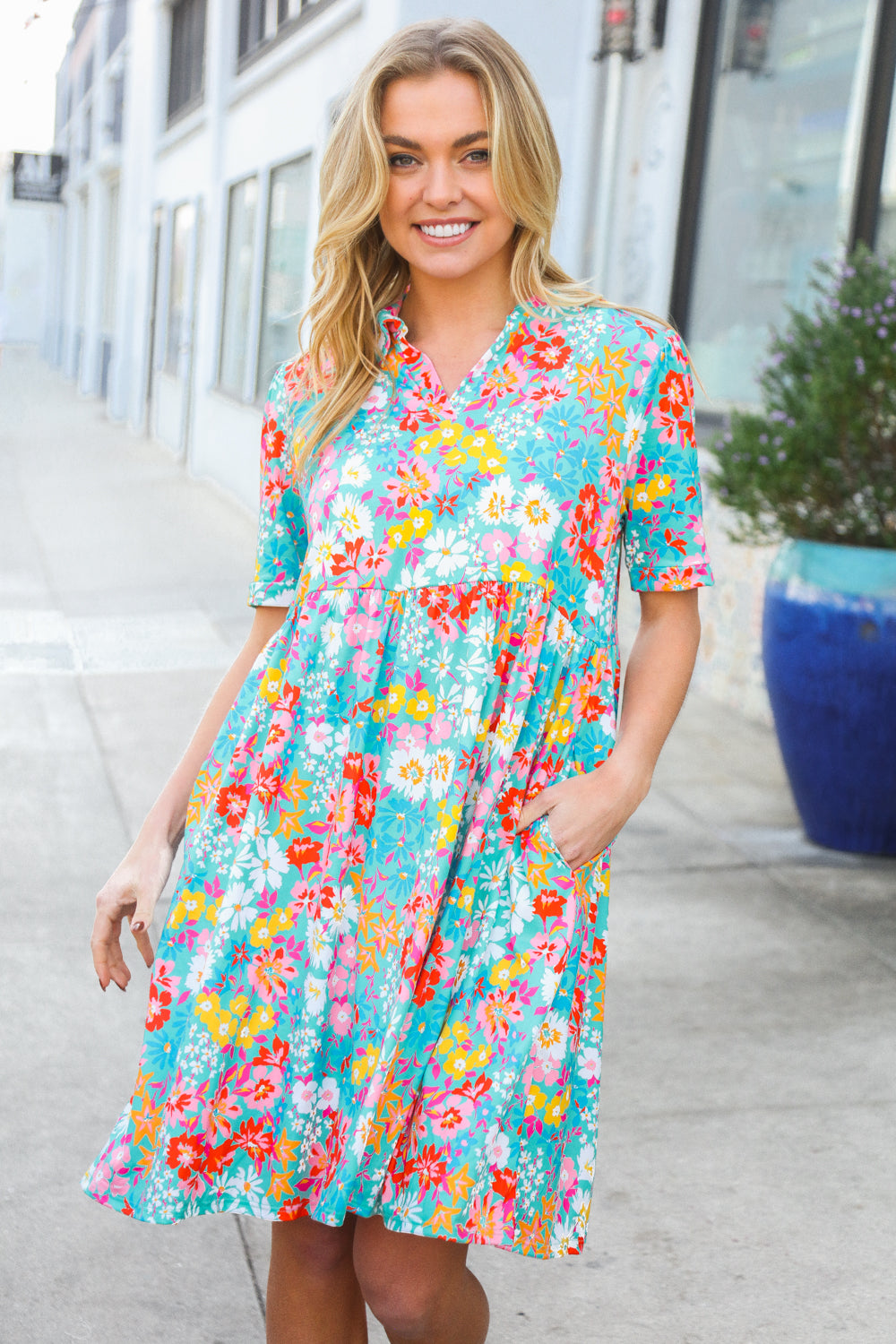 Sunny Days Mint Floral Print Notched Collar Frock Dress