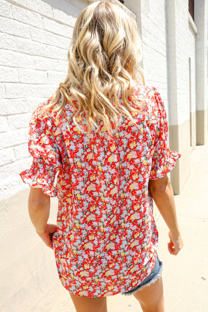 Elegant You Ruby Notched Neck Floral Smocked Sleeve Blouse