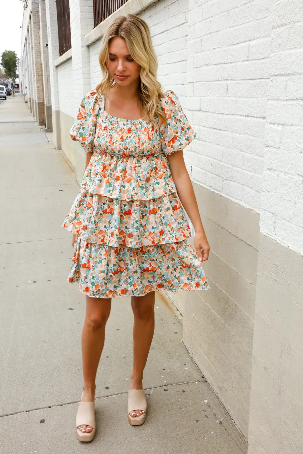 Find Love Floral Print Smocked Neck Puff Sleeve Ruffle Tiered Dress by First Love