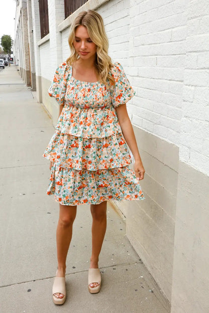 Find Love Floral Print Smocked Neck Puff Sleeve Ruffle Tiered Dress by First Love
