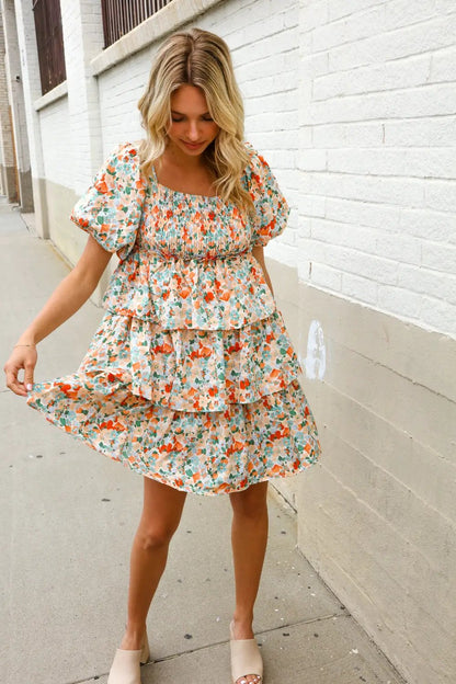 Find Love Floral Print Smocked Neck Puff Sleeve Ruffle Tiered Dress by First Love