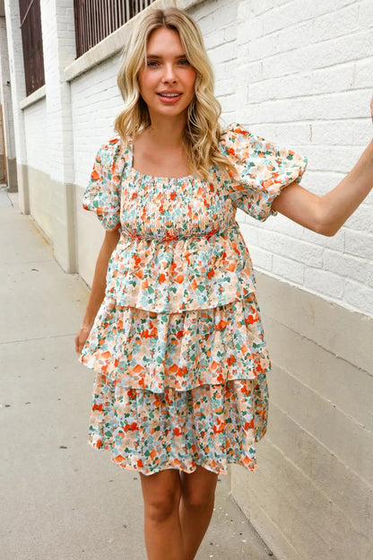 Find Love Floral Print Smocked Neck Puff Sleeve Ruffle Tiered Dress by First Love