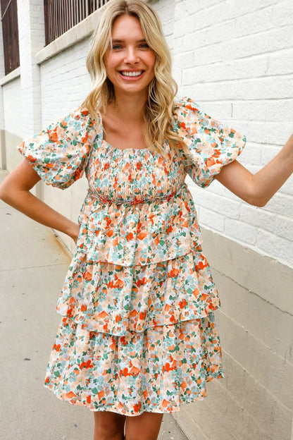 Find Love Floral Print Smocked Neck Puff Sleeve Ruffle Tiered Dress by First Love