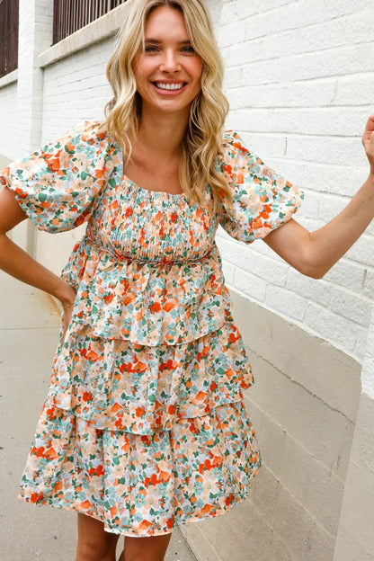 Find Love Floral Print Smocked Neck Puff Sleeve Ruffle Tiered Dress by First Love