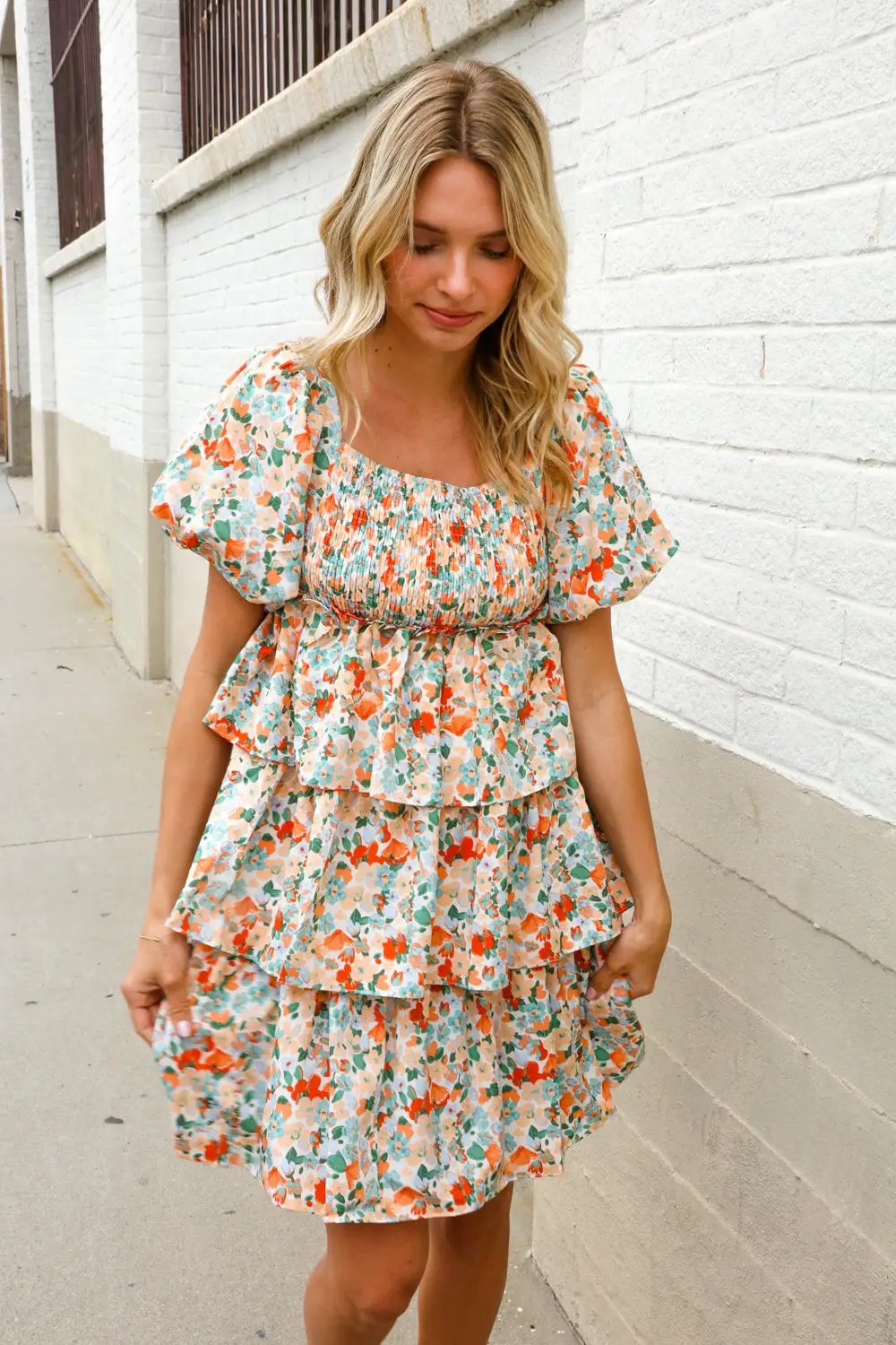 Find Love Floral Print Smocked Neck Puff Sleeve Ruffle Tiered Dress by First Love