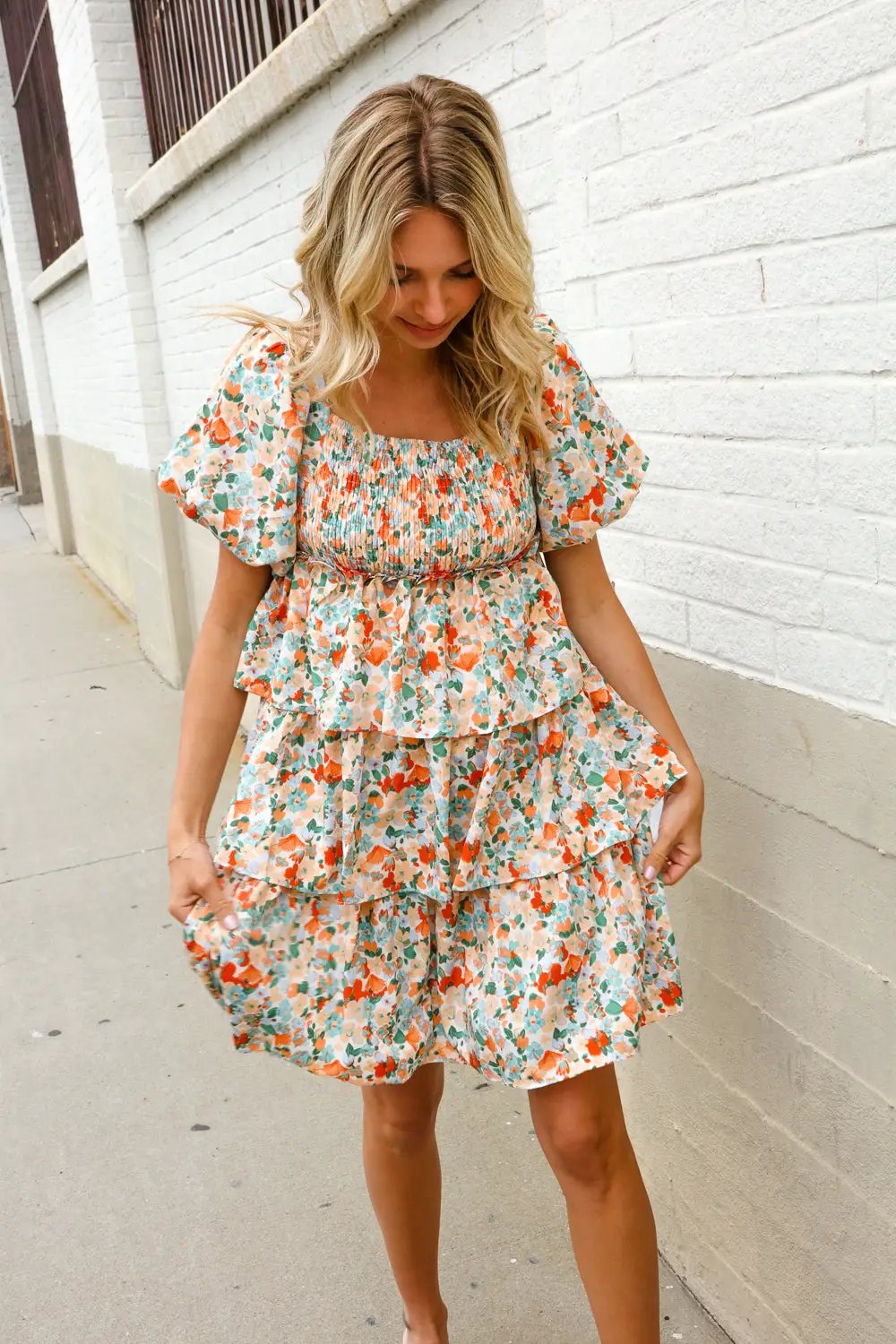 Find Love Floral Print Smocked Neck Puff Sleeve Ruffle Tiered Dress by First Love