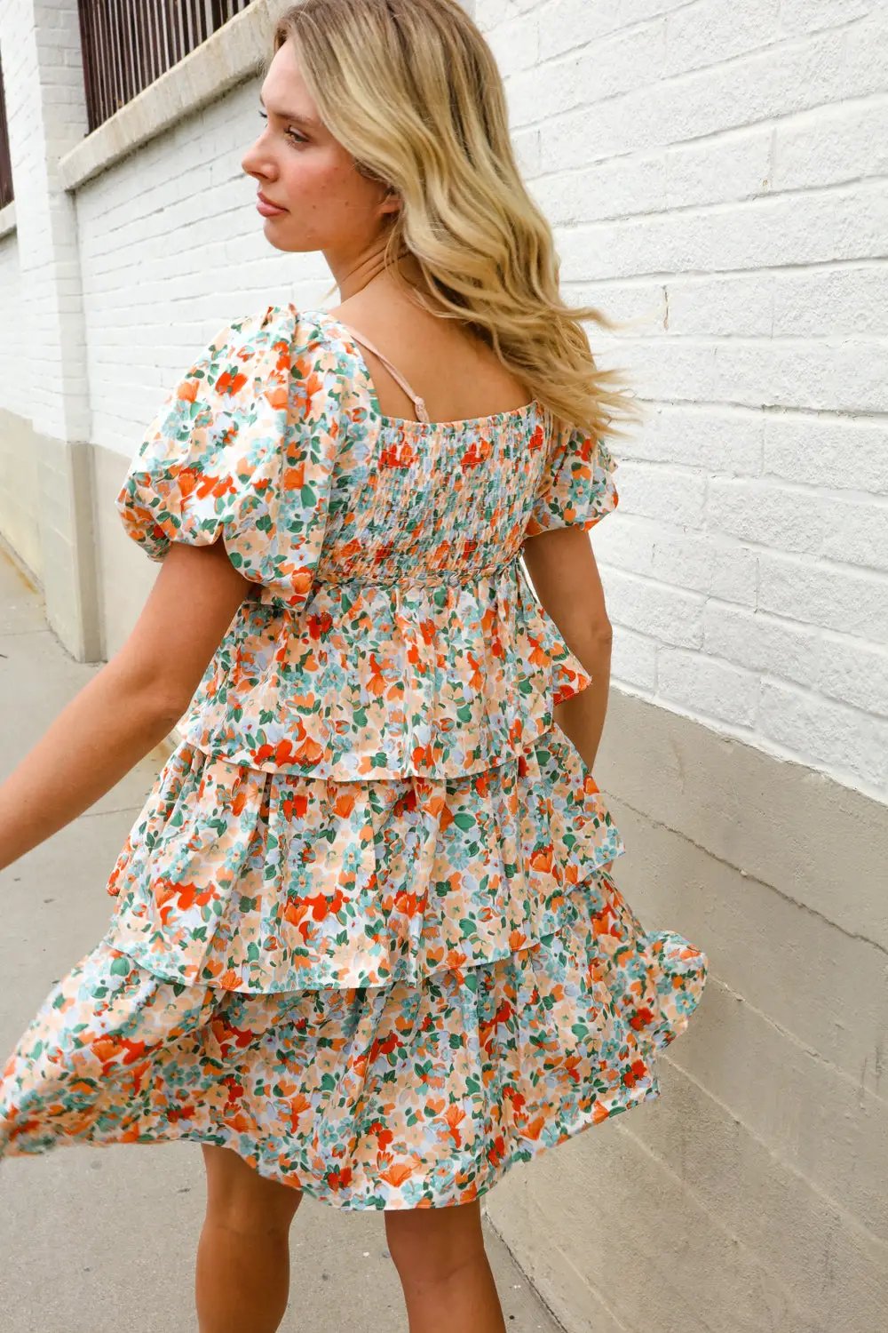 Find Love Floral Print Smocked Neck Puff Sleeve Ruffle Tiered Dress by First Love