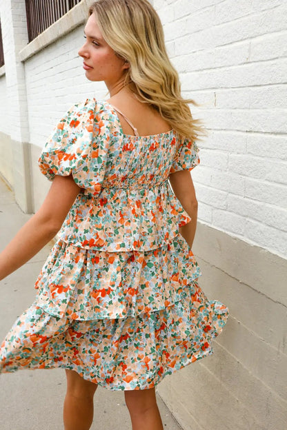 Find Love Floral Print Smocked Neck Puff Sleeve Ruffle Tiered Dress by First Love