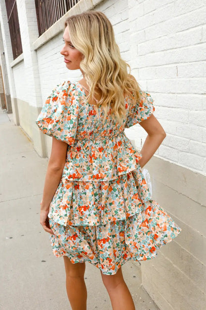 Find Love Floral Print Smocked Neck Puff Sleeve Ruffle Tiered Dress by First Love