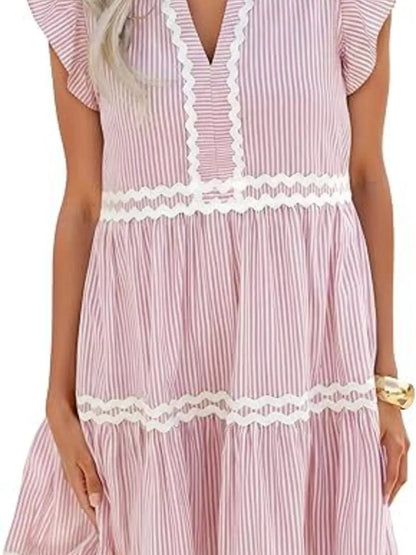 Striped Ruffle Sleeve Tiered Dress by Trendsi